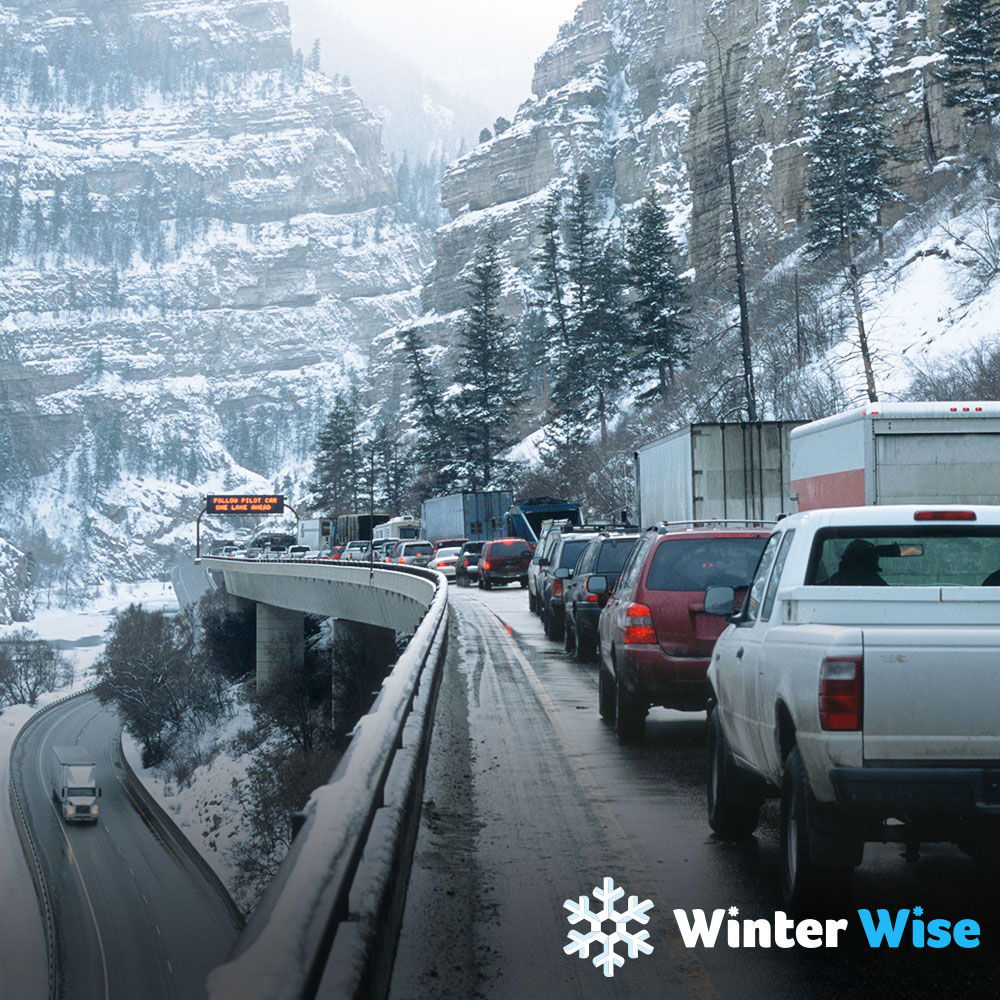 Traffic backed up on I-70 in Colorado during a snowstorm