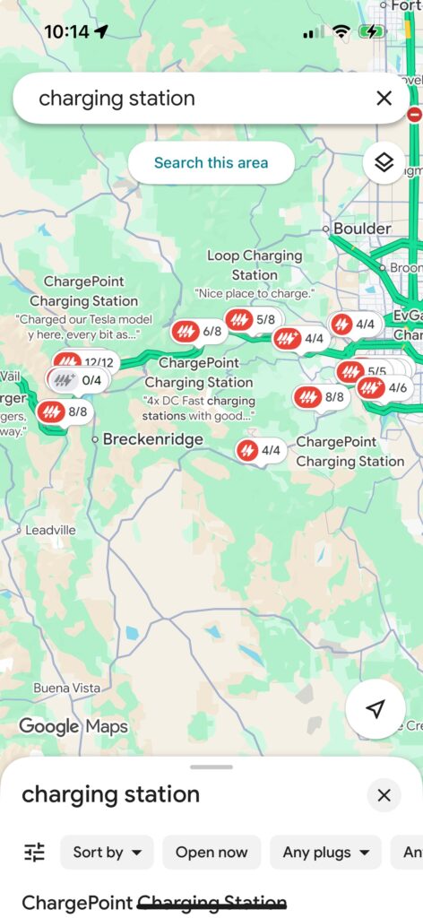 Google map of EV charging stations along I-70 in Colorado